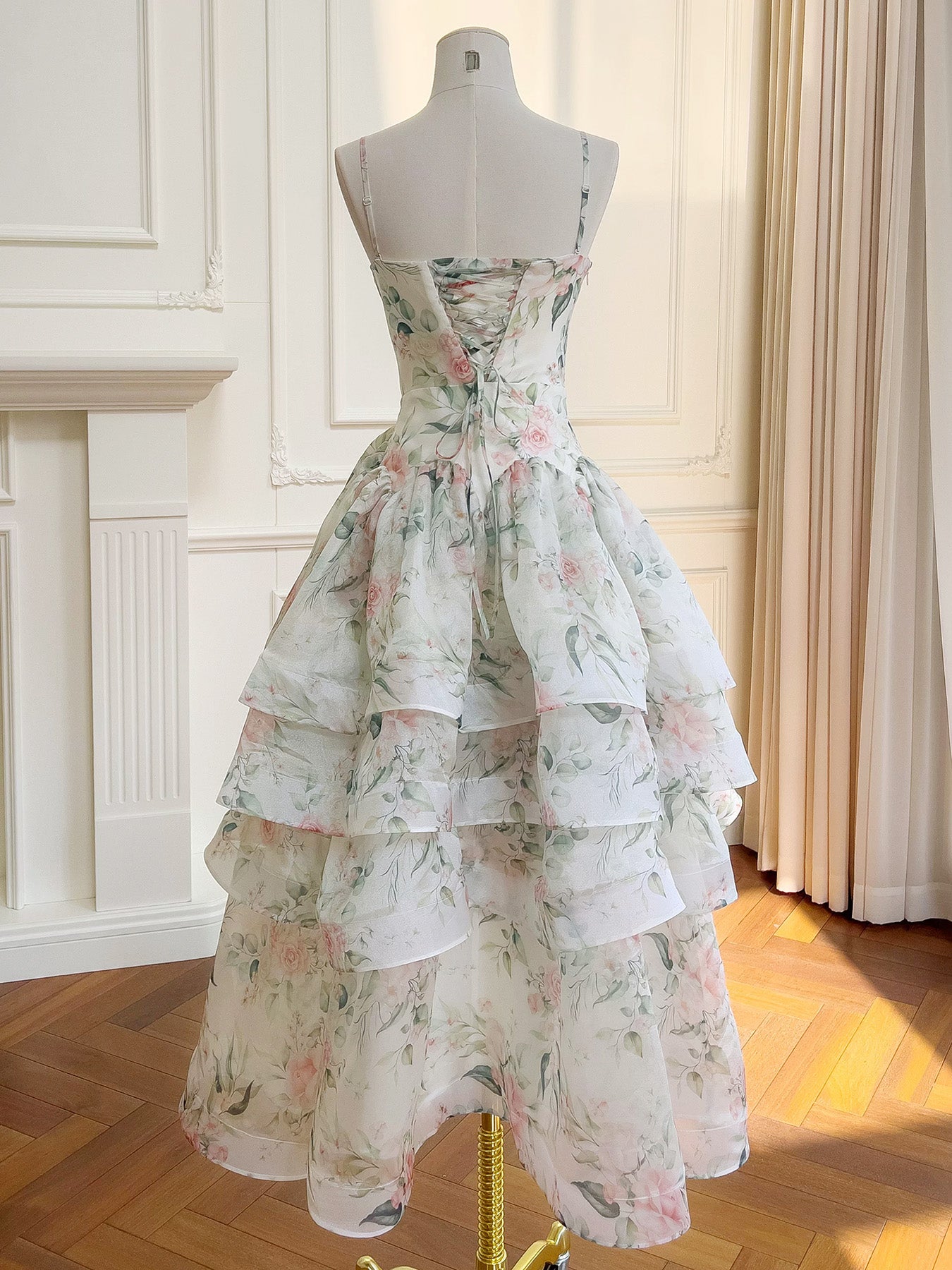 A-line Printed Organza Long Light Champagne Party Prom Dress