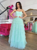 A-Line Sweetheart Neck Tulle Blue Long Prom Dress, Blue Long Graduation Dress