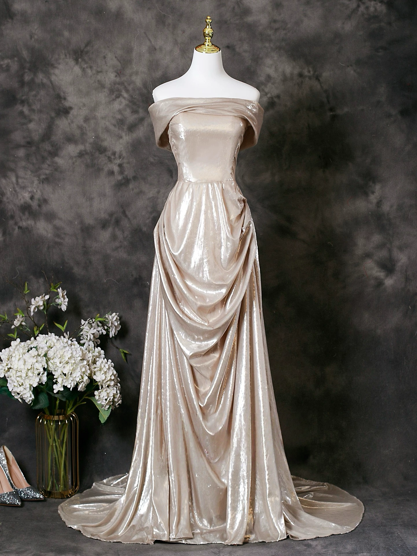 A-Line Off Shoulder Champagne Long Prom Dress, Champagne Long Formal Dress
