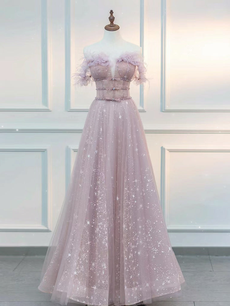 A-Line  Off Shoulder Tulle Lace Pink Long Prom Dress, Pink Long Graduation Dress