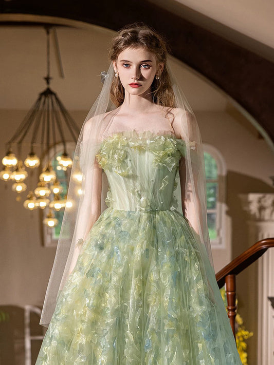 A-Line Tulle Lace Green Long Prom Dress, Green Long Formal Dress