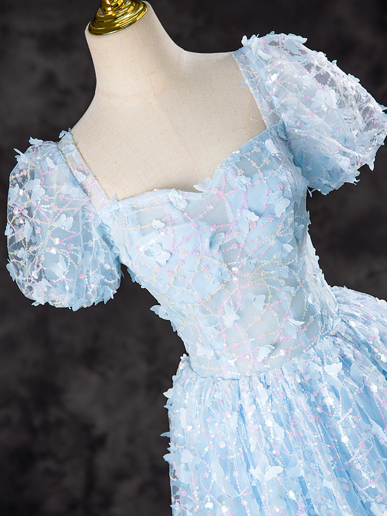 A-Line Tulle Sequin Lace Blue Long Prom Dress, Blue Long Formal Dress