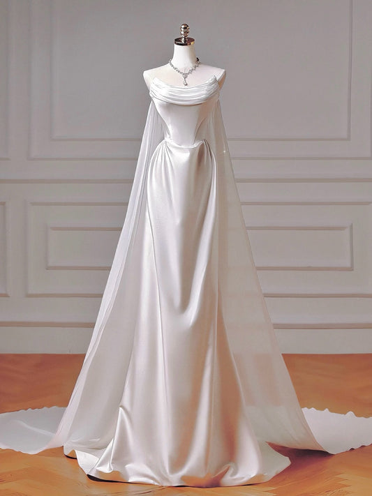 A-Line Satin Chiffon Sweep Train White Long Prom Dress