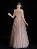 A-Line Champagne Tulle Beads Long Prom Dress, Champagne Tulle Long Formal Dress