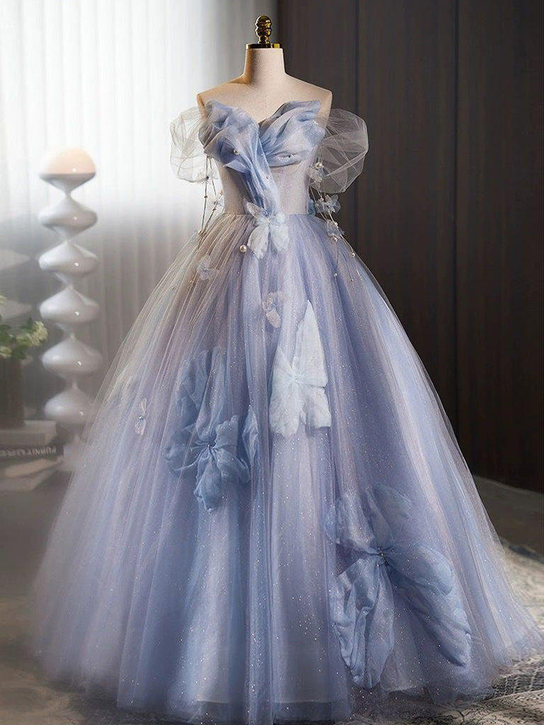 A-Line Off Shoulder Tulle Flower Blue Long Prom Dress, Blue Long Sweet 16 Dress