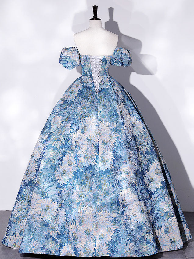A-Line Blue Satin Long Prom Dress, Flower Satin Blue Evening Dresses