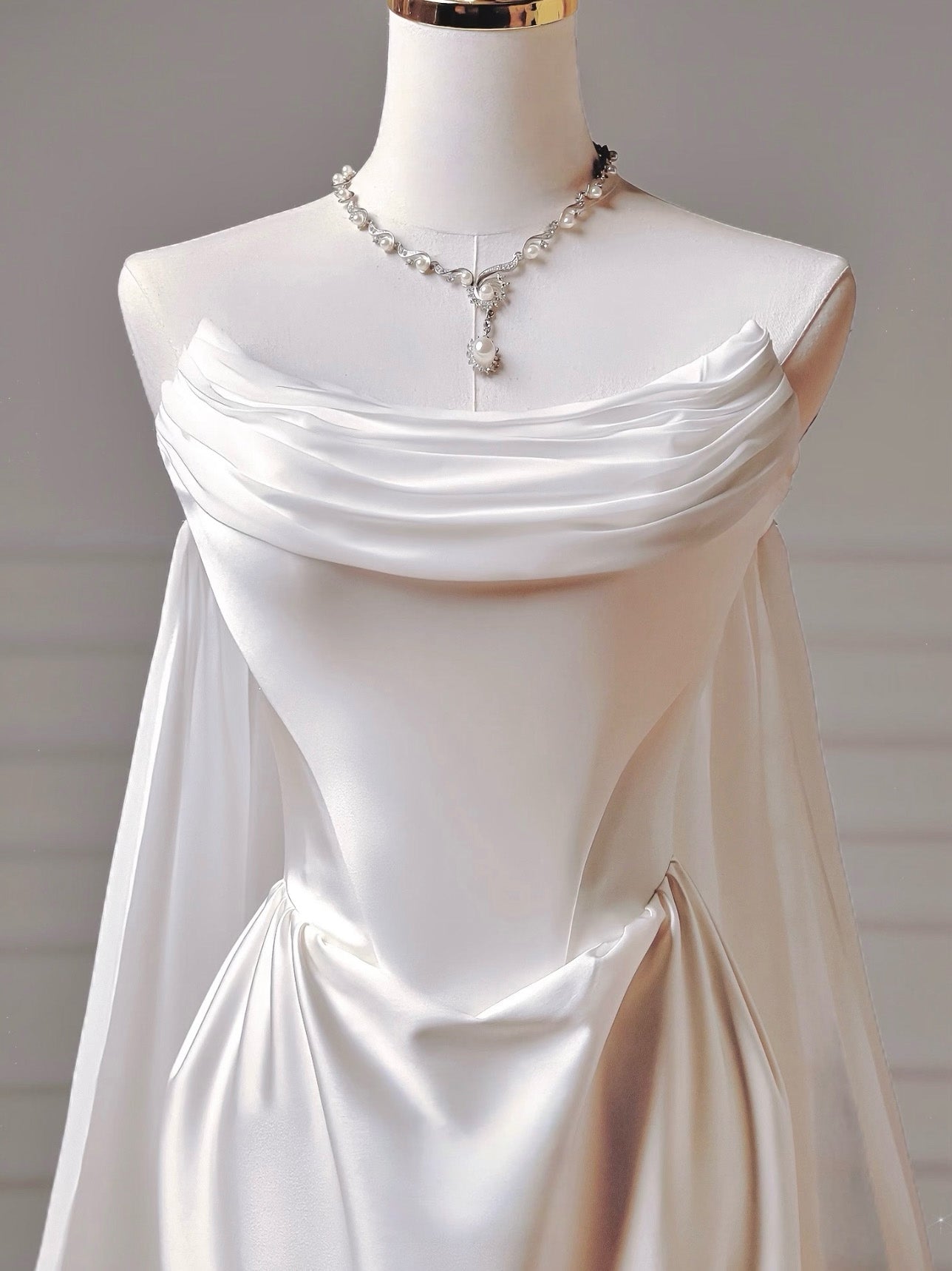 A-Line Satin Chiffon Sweep Train White Long Prom Dress
