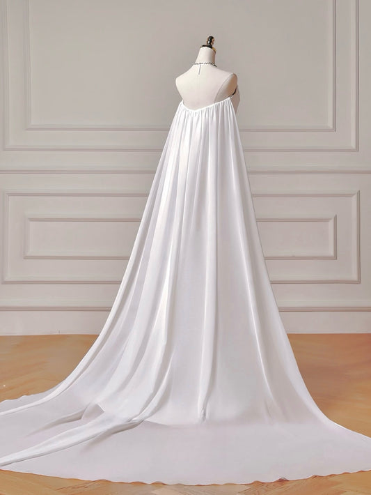 A-Line Satin Chiffon Sweep Train White Long Prom Dress