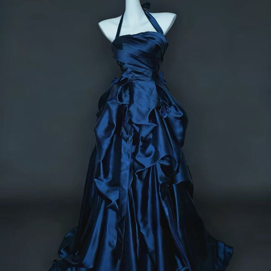 Unique A-line Satin irregular Dark Blue Long Prom Dress, Blue Evening – dresstby