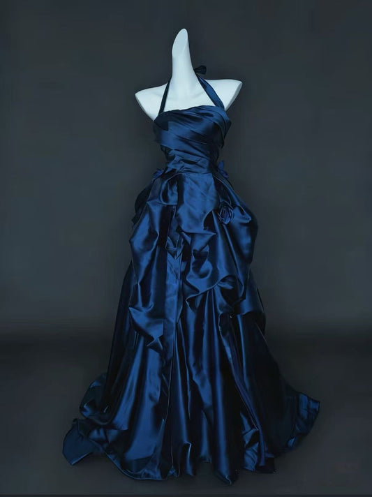 Unique A-line Satin irregular Dark Blue Long Prom Dress, Blue Evening – dresstby
