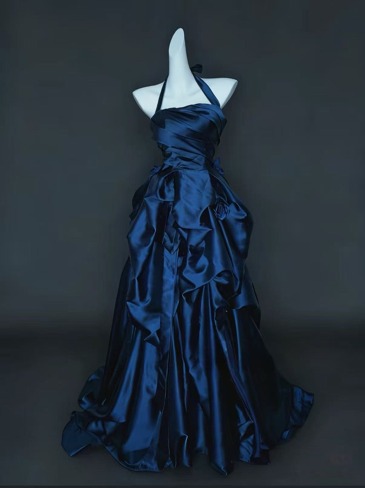 Unique A-line Satin irregular Dark Blue Long Prom Dress, Blue Evening Dress
