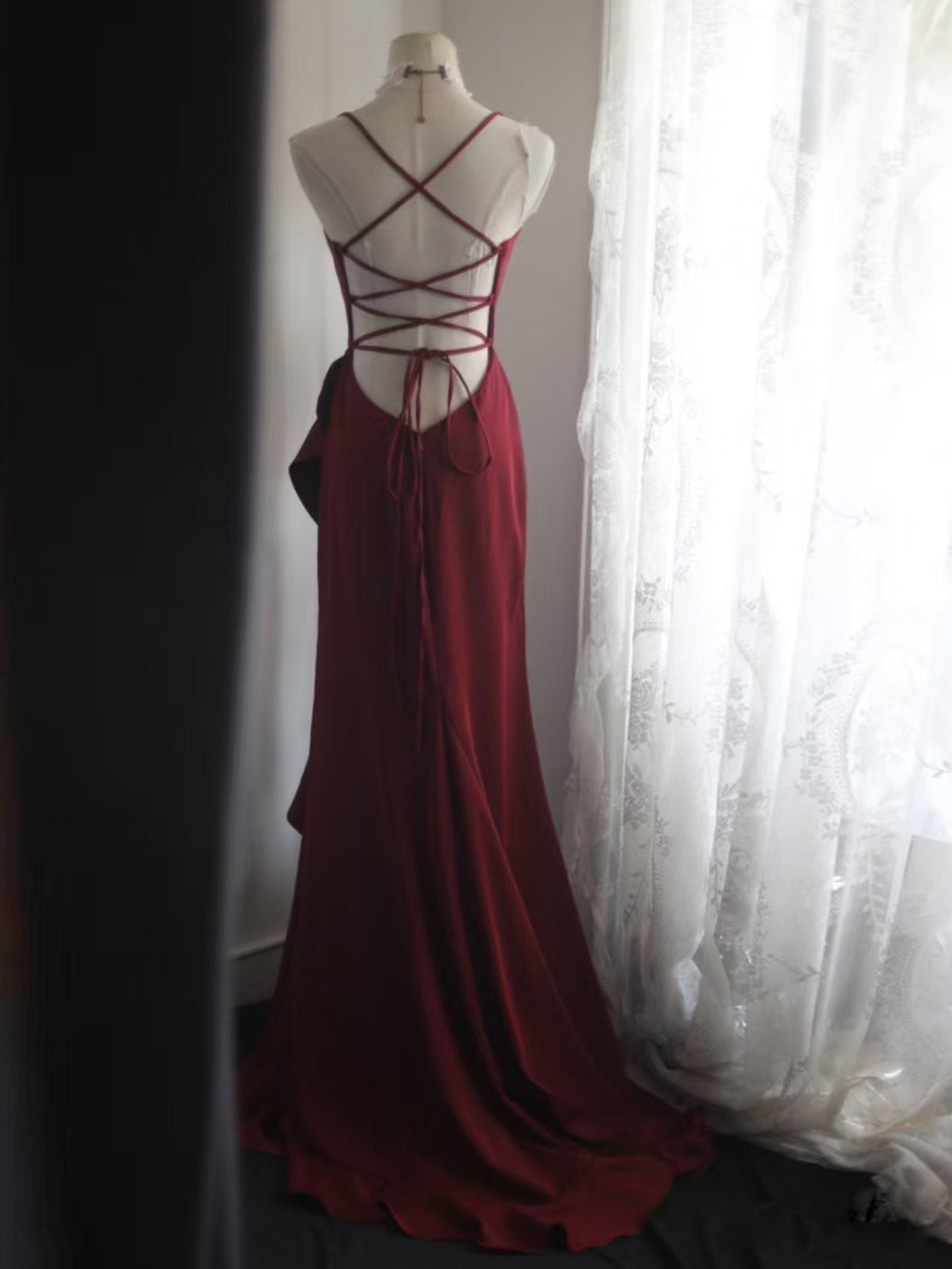 A-line Spoon Neck Ruffles Burgundy Long Prom Dress, Burgundy Party Dress