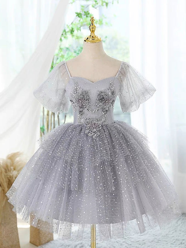 Cute A-line Tulle Lace Short Prom Dress, Gray Homecoming Dress