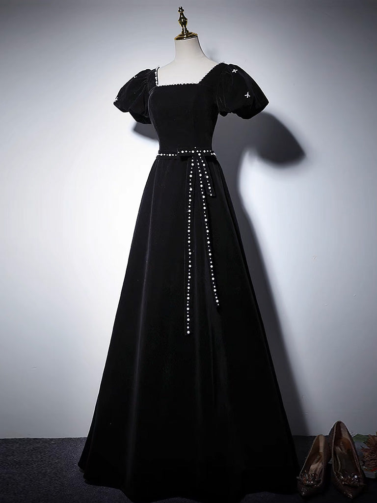 A-Line Velvet Black Long  Prom Dress, Black Long Formal Dress