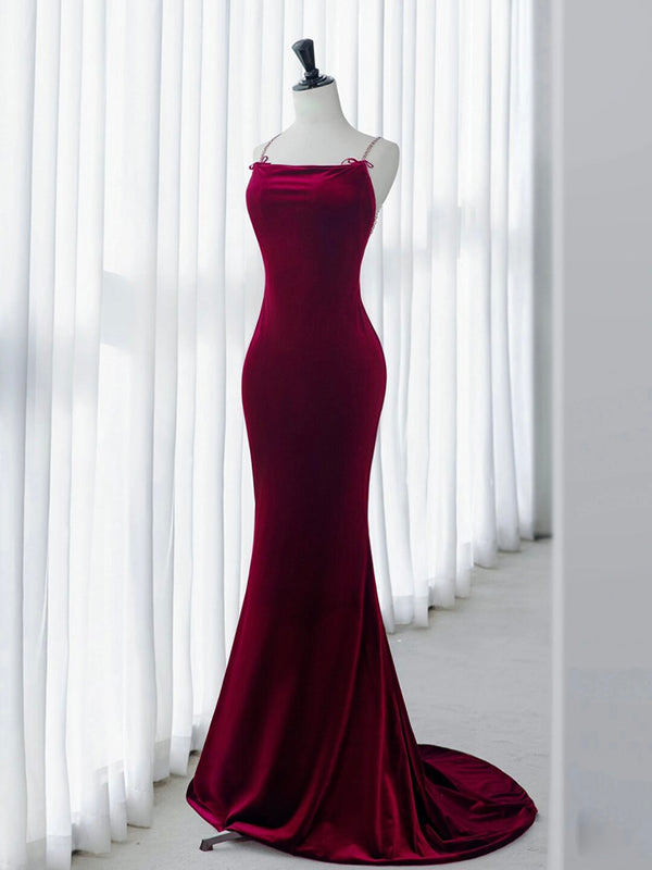Simple Velvet Mermaid Burgundy Long Prom Dress, Burgundy Long Formal Dress