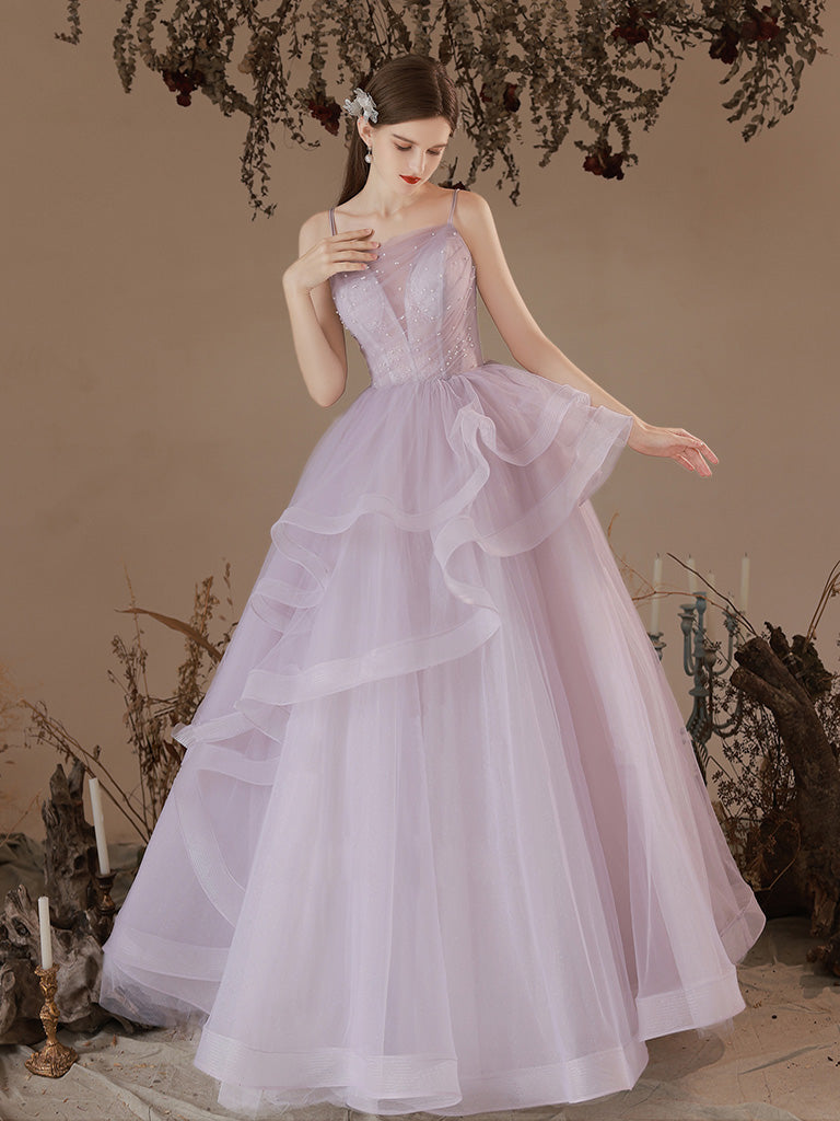 Grey Purple Tulle Long Prom Dresses, Grey Purple Evening Dress