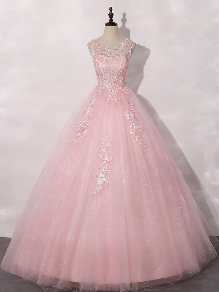 A-Line Round Neck Tulle Lace Pink Long Prom Dress, Pink Formal Dress