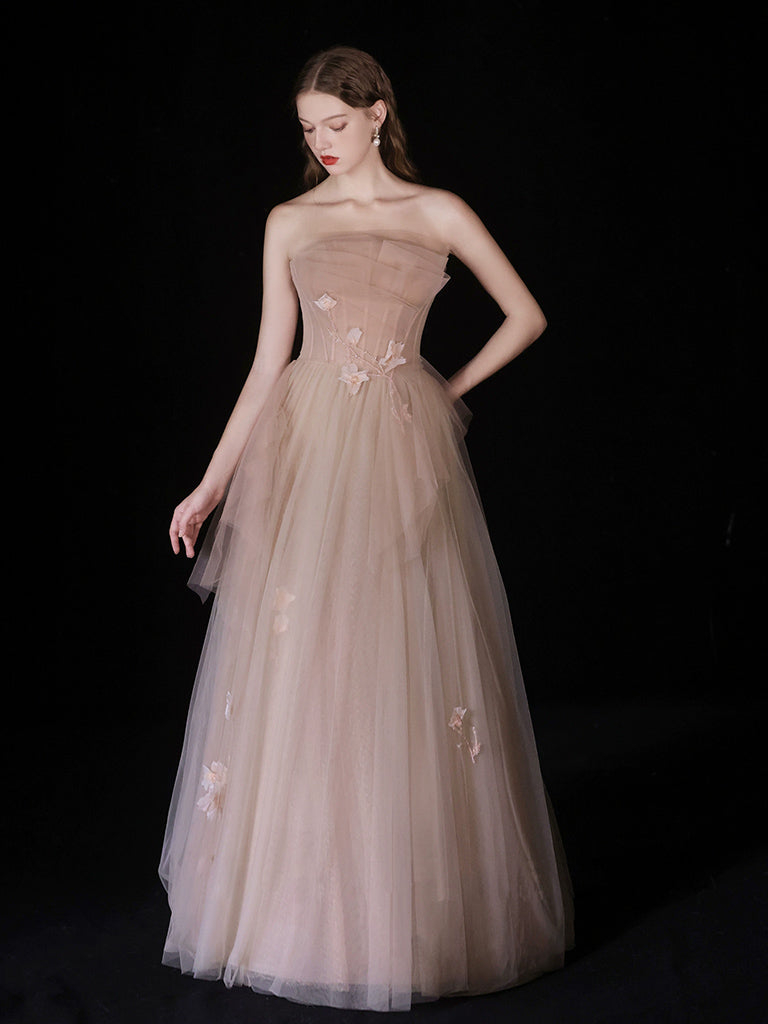 A-Line Champagne Tulle Beads Long Prom Dress, Champagne Tulle Long Formal Dress