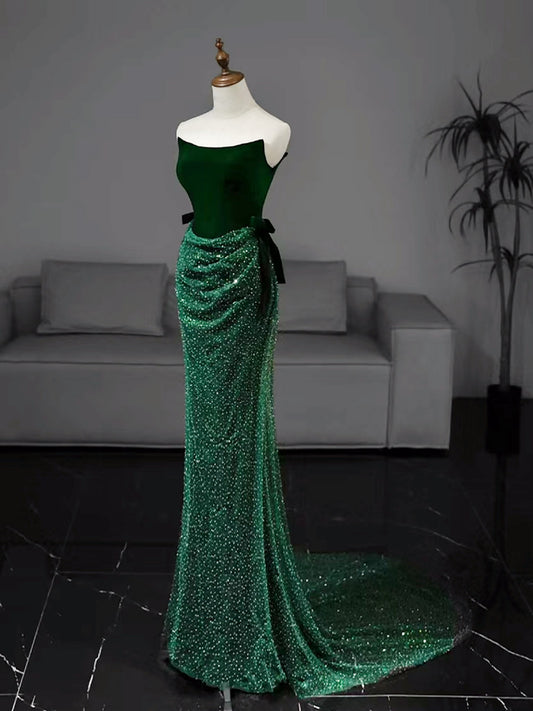 Mermaid Tulle Velvet Green Long Prom Dress, Green Long Formal Dress