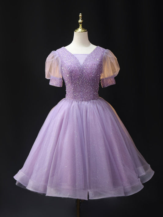Purple V Neck Tulle Beading Sequin Short Prom Dress, Purple Homecoming Dress