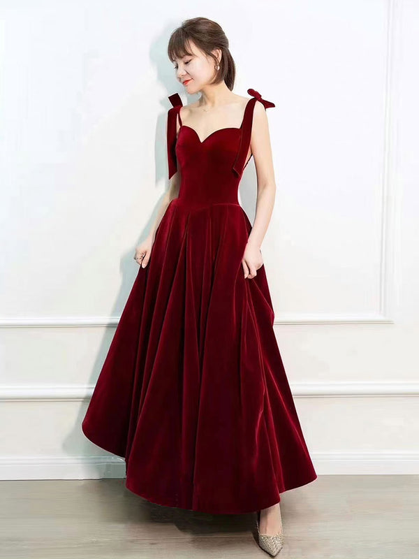 A-Line Sweetheart Neck Velvet Burgundy Long Prom Dress, Burgundy Formal Dress
