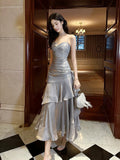 A-Line Sweetheart Neck Tea Length Satin Gray Long Party Prom Dress