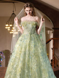 A-Line Tulle Lace Green Long Prom Dress, Green Long Formal Dress