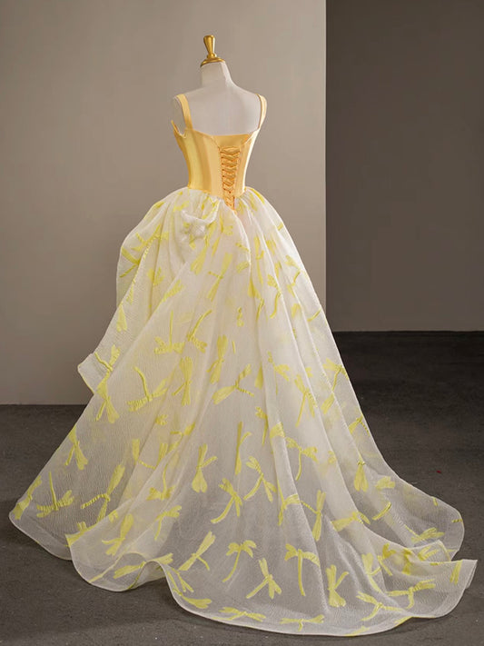 A-Line Sweetheart Neck Tulle Lace Yellow Long Prom Dress