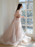 A-Line Off Shoulder Tulle Light Pink Long Prom Dress, Long Formal Dress