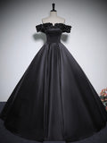 Black A-Line Off Shoulder Satin Long Prom Dress, Black Formal Dress