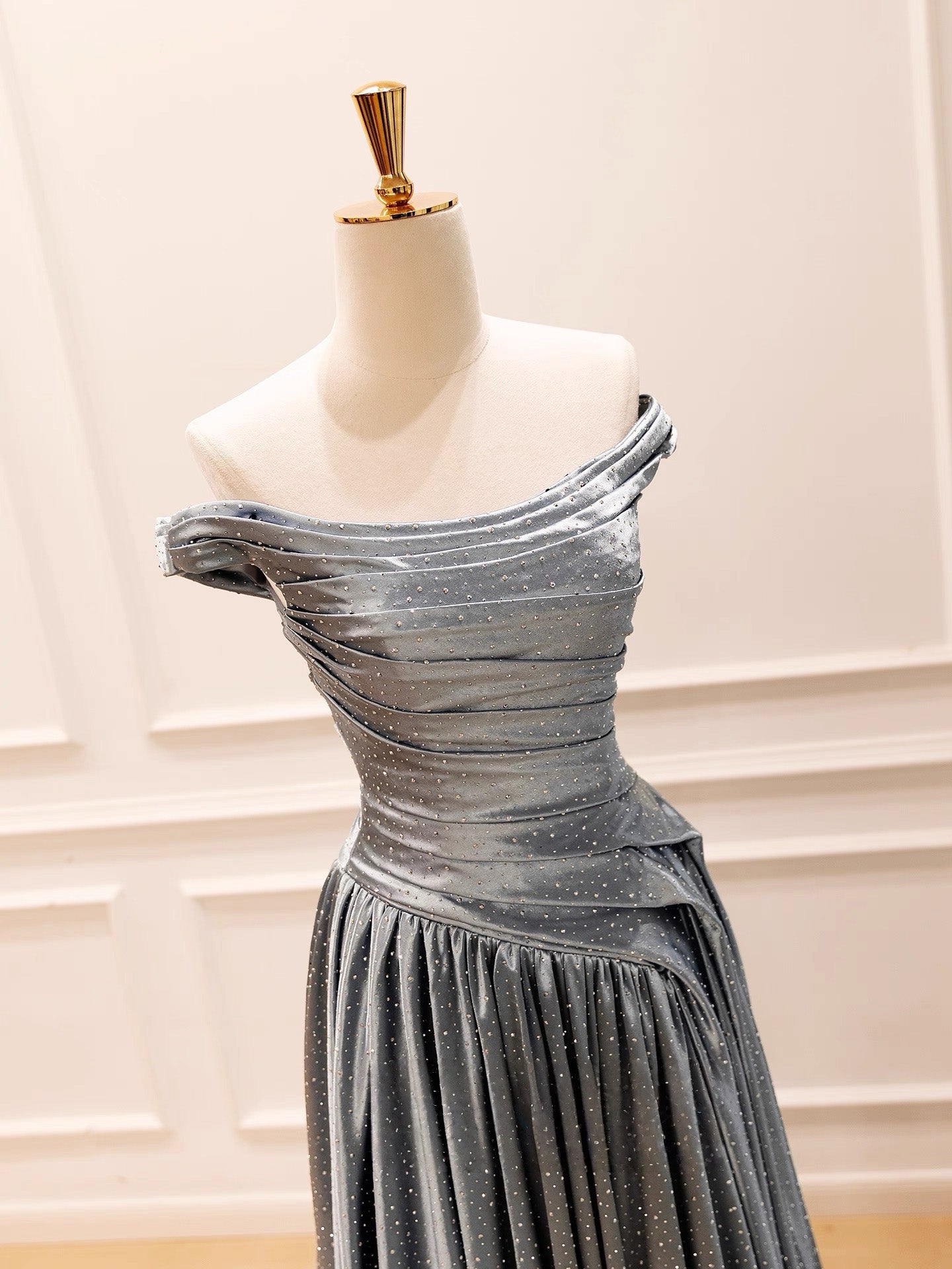 A-Line Off Shoulder Satin Beads Gray Long Prom Dress
