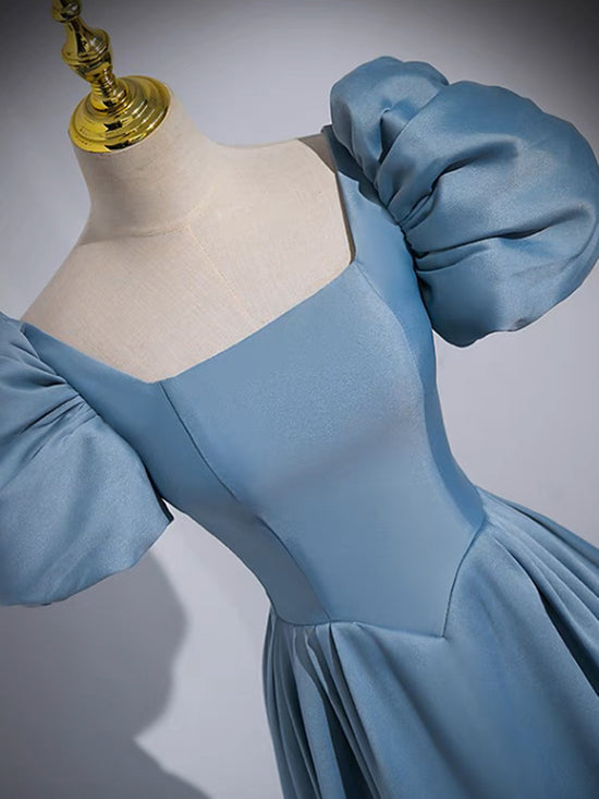 Vintage Lace Satin A Line Prom Dress Blue Puff Sleeves Long Evening Dress Y8515