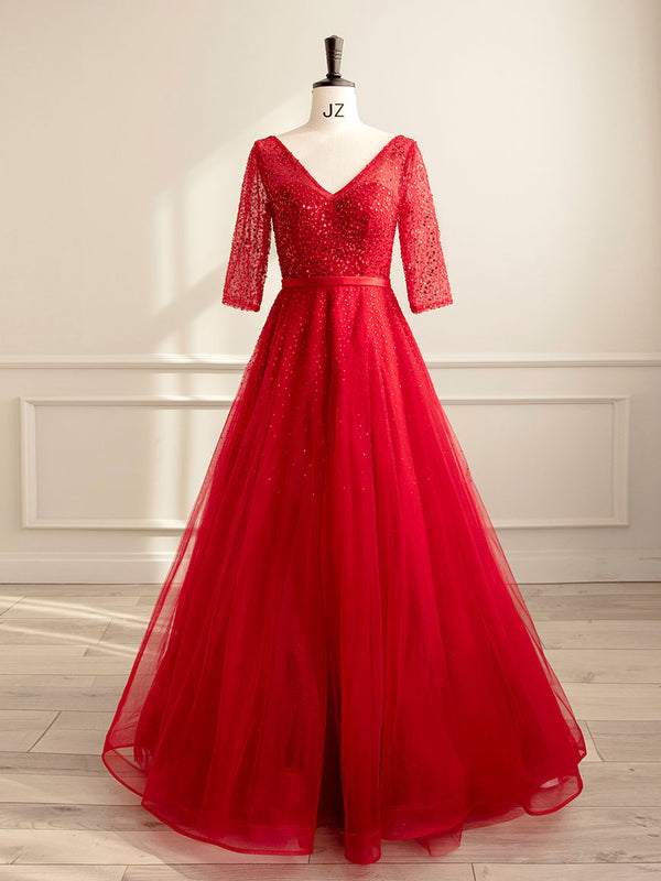 Red A-Line Tulle Sequin Long Prom Dress, Red Formal Dress