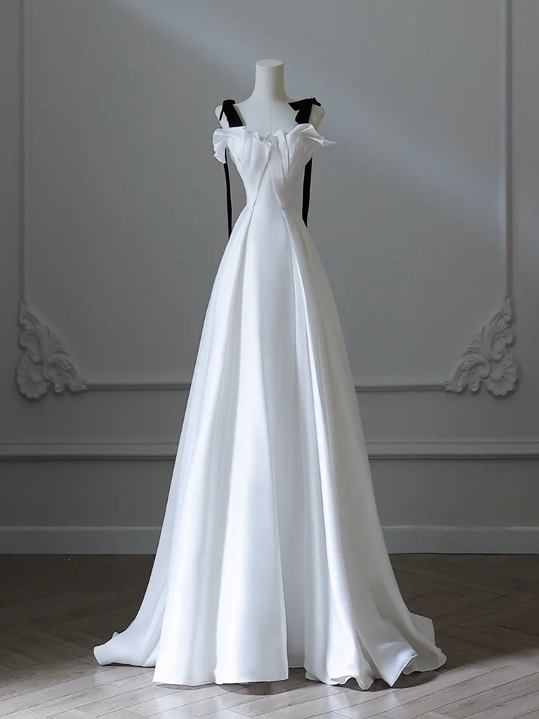 A-Line Satin White Long Prom Dress, White Long Formal Dress – dresstby