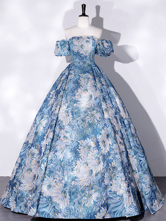 A-Line Blue Satin Long Prom Dress, Flower Satin Blue Evening Dresses