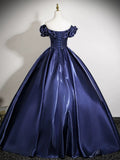 A-Line Off Shoulder Satin Dark Blue Long Prom Dress, Dark Blue Long Formal Dress