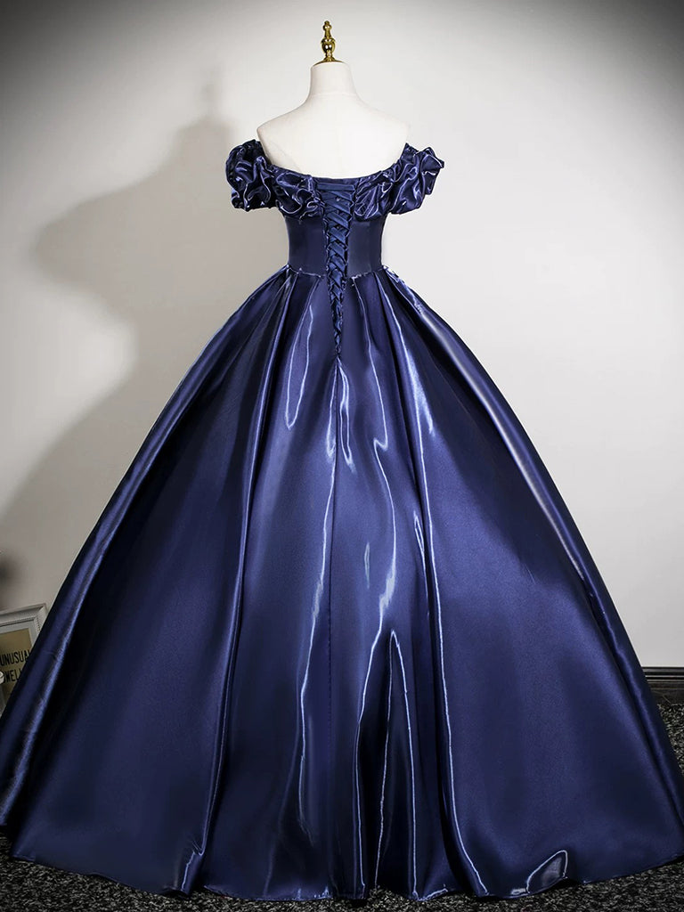 A-Line Off Shoulder Satin Dark Blue Long Prom Dress, Dark Blue Long Formal Dress
