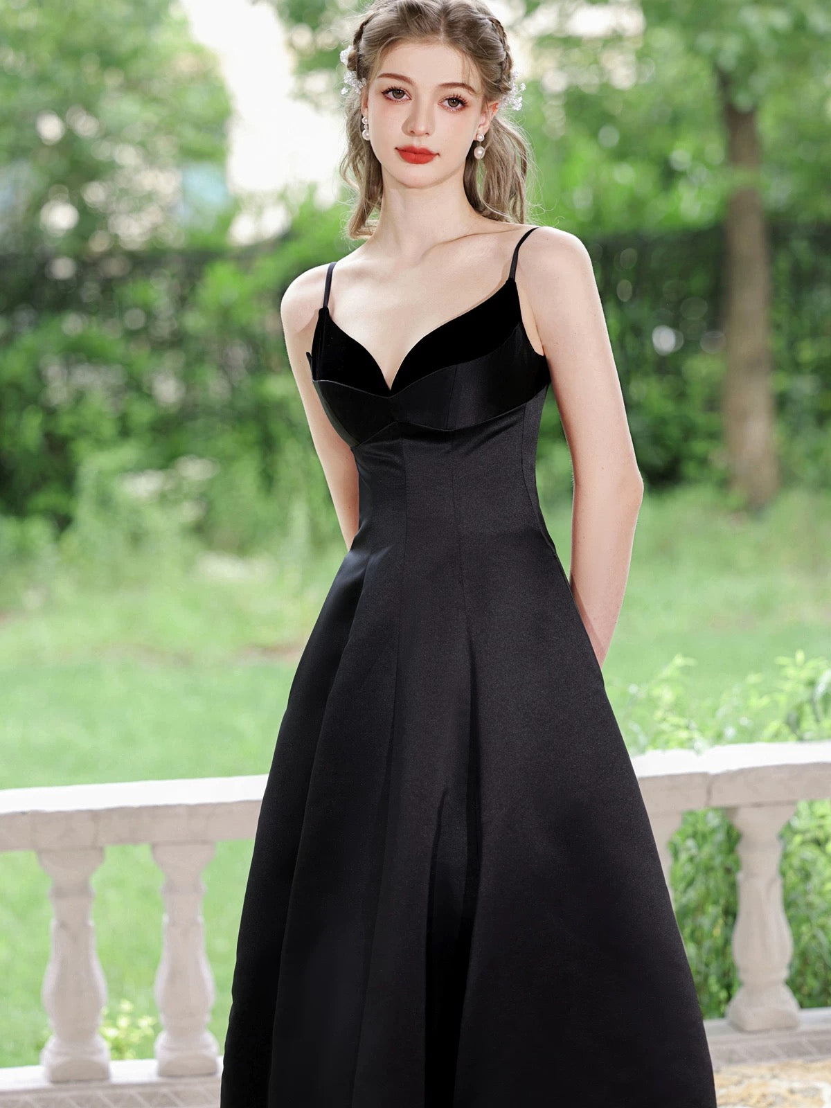 A-Line V  Neck Tea Length Satin Black Prom Dress, Black Formal Dress