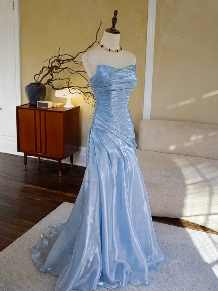 Simple Mermaid Organza Sweep Train Blue Prom Party Dress