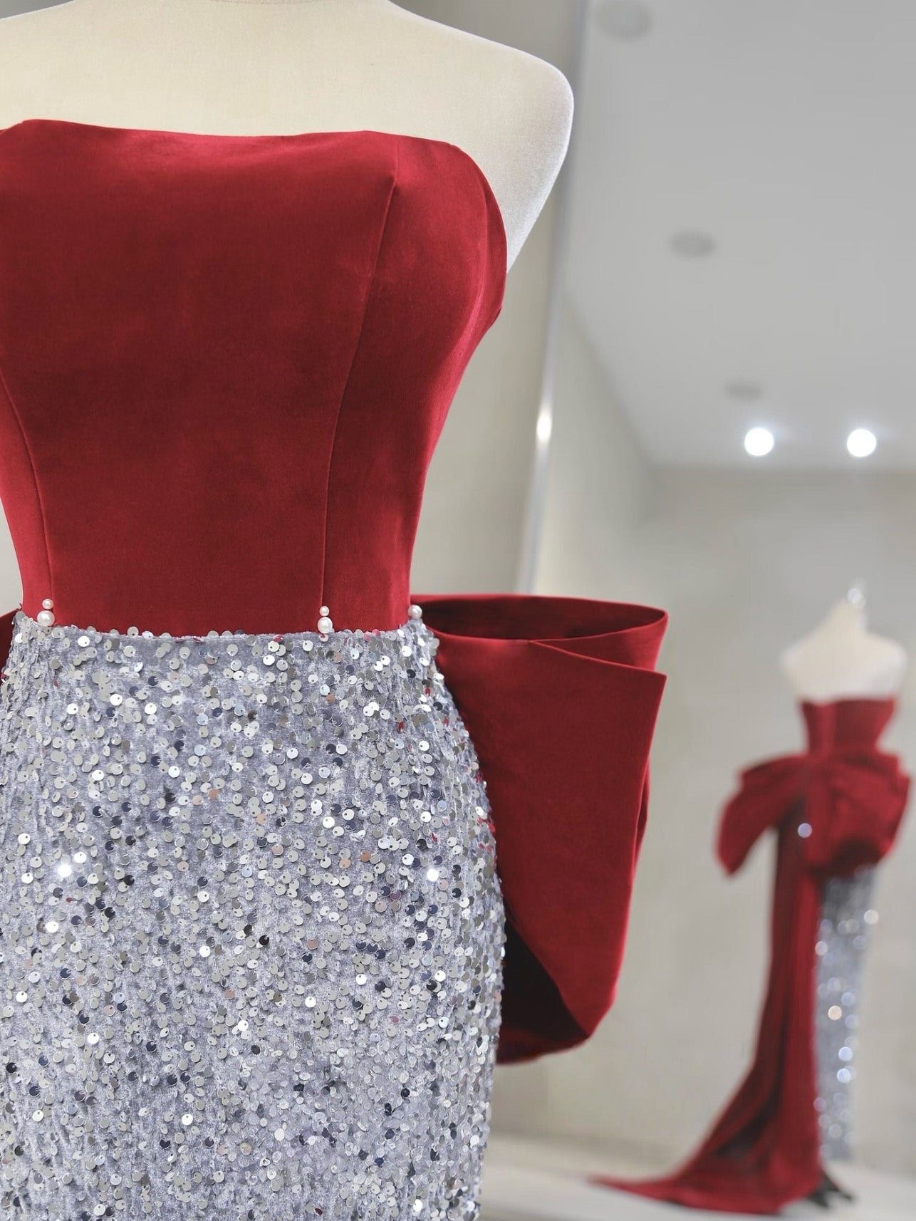 Mermaid Velvet Sequin Sweep Train Burgundy Prom Dress