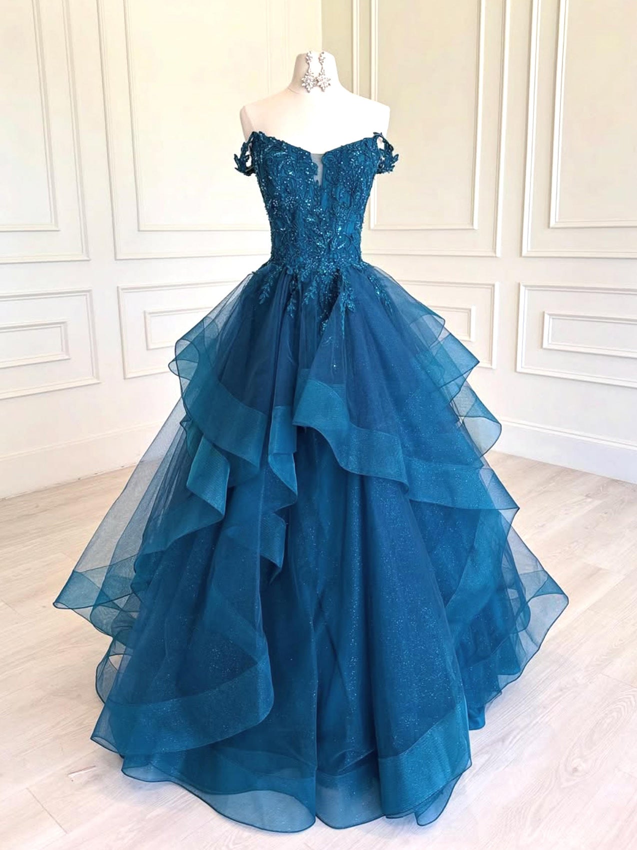 A-Line V Neck Tulle Lace Blue Long Prom Dress, Blue Long Formal Dress