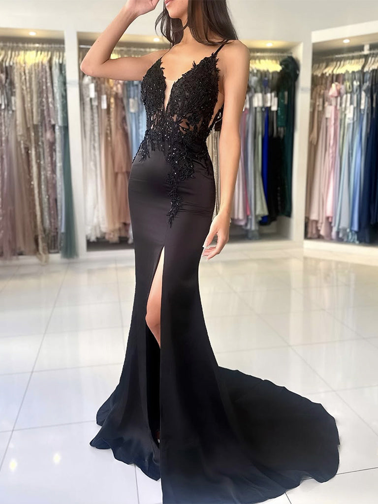 Black Lace Mermaid Long Prom Dress, Black Long Formal Dress