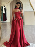 A-Line Satin Red Long Prom Dress, Red Long Evening Dress