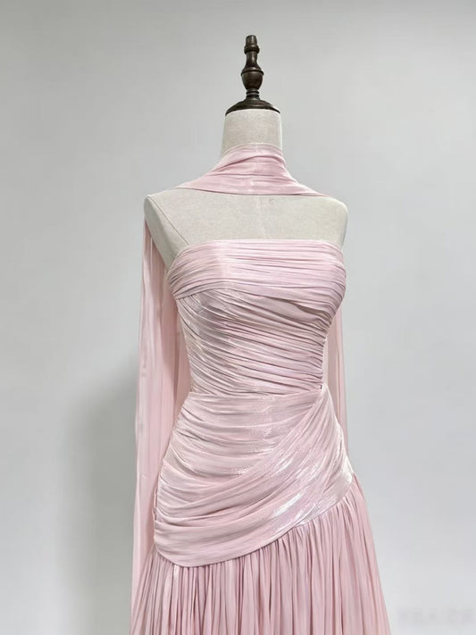 A-Line Sweep Train Pink Long Prom Dress, Pink Evening Dress