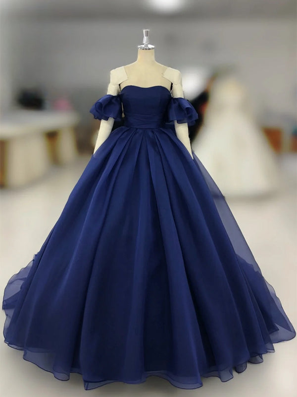 A-Line Tulle Dark Blue Long Prom Dress, Dark Blue Long Formal Dress