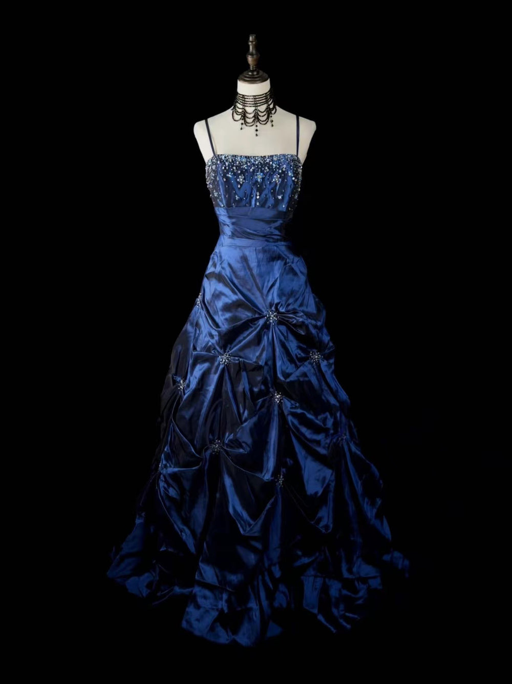 A-line Taffeta Dark Blue Satin Ruched Long Prom Dress with Beaded
