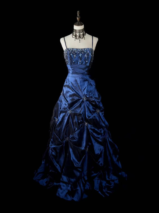 A-line Taffeta Dark Blue Satin Ruched Long Prom Dress with Beaded