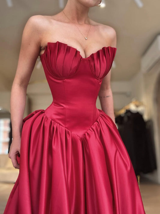 A-line Sweetheart Neck Satin Dark Red Long Prom Dress