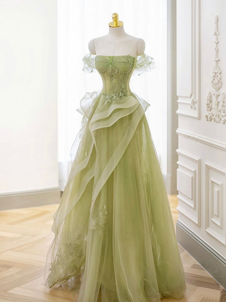 A-Line Off Shoulder Tulle Lace Green Long Prom Dress, Green Long Graduation Dress
