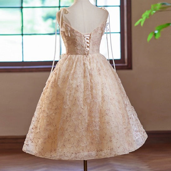 champagne colored short homecoming dresses A-Line V Neck Tulle Lace Prom Dress, Dress – dresstby YGroup_50-739